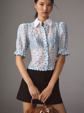 MAEVE by Anthropologie Blue Puff Shoulder Collared Polka Dot Sheer Blouse